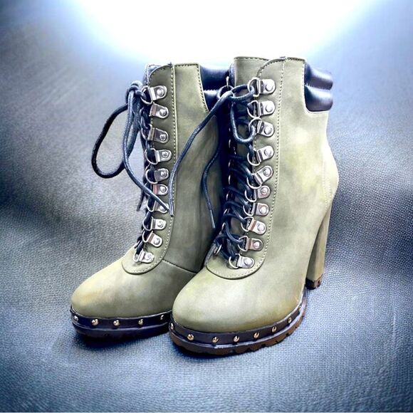 S❤️LD Pazzle l Silver-Studded, Suede Olive Green (& in Tan) Combat Boots Size 6 - Picture 8 of 8